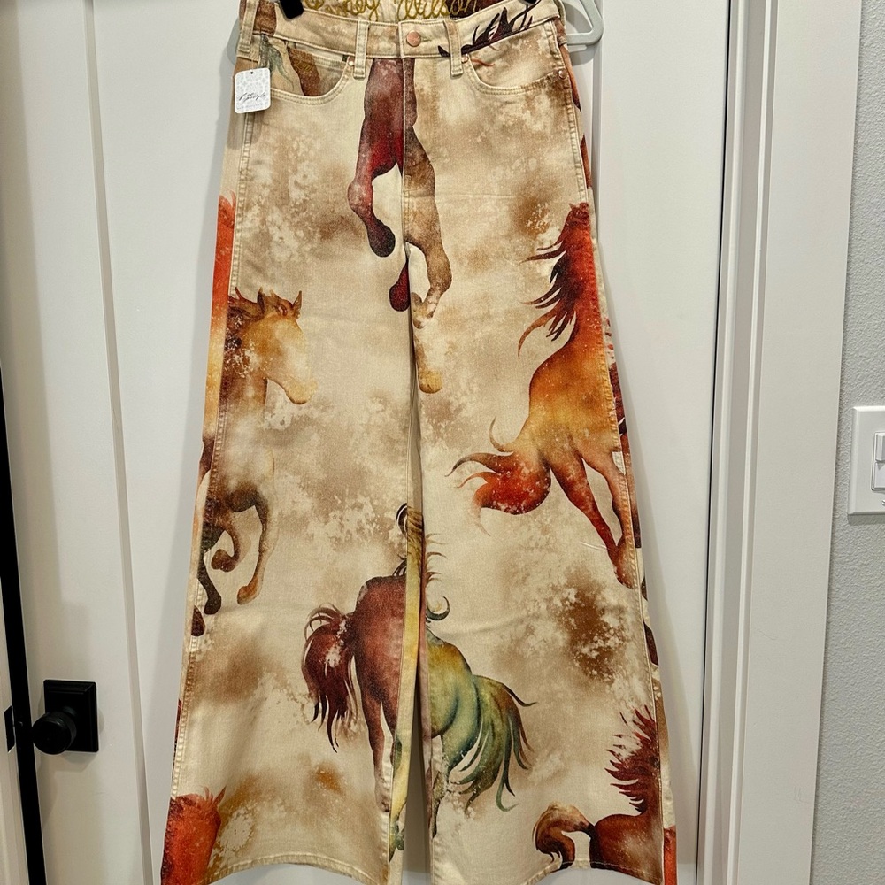 Free People Lainey Wilson/Wrangler collab Beige Multi Horse Print Wide-Leg Pants